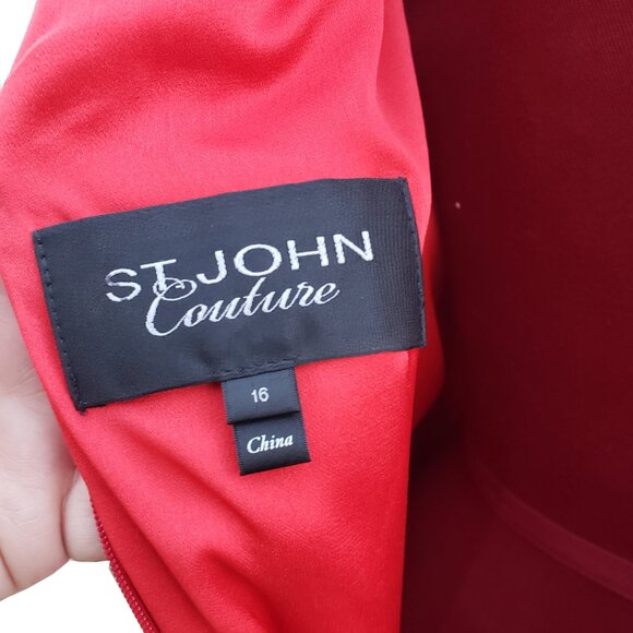 St John Couture Shift Dress Red Silk Long Sleeve Grommets Studs 16 - Picture 6 of 7